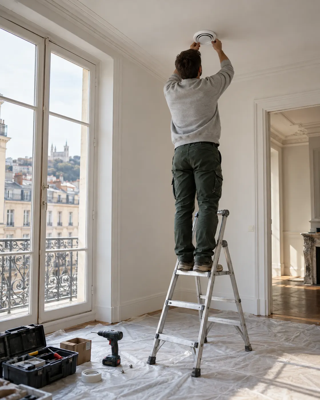 Artisan de dos, sur un escabeau, posant une bouche d'extraction au plafond d'un appartement en rénovation.