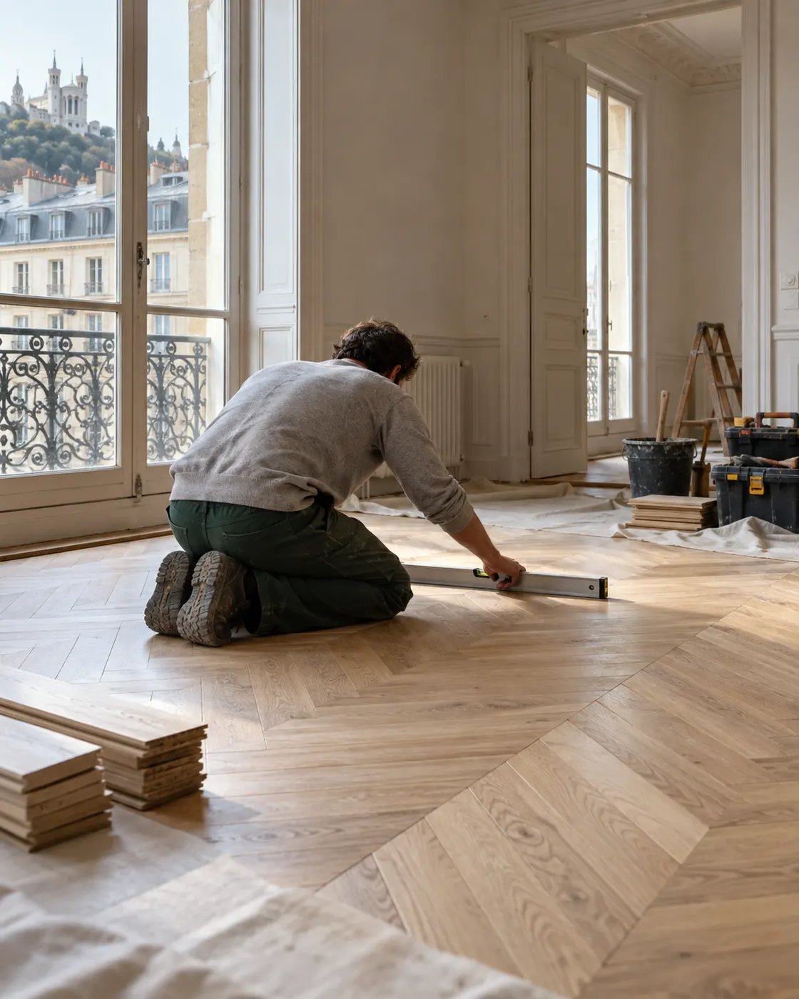 Artisan de dos, à genoux, vérifiant au niveau la pose d'un parquet en chêne à bâtons rompus dans un appartement ancien.