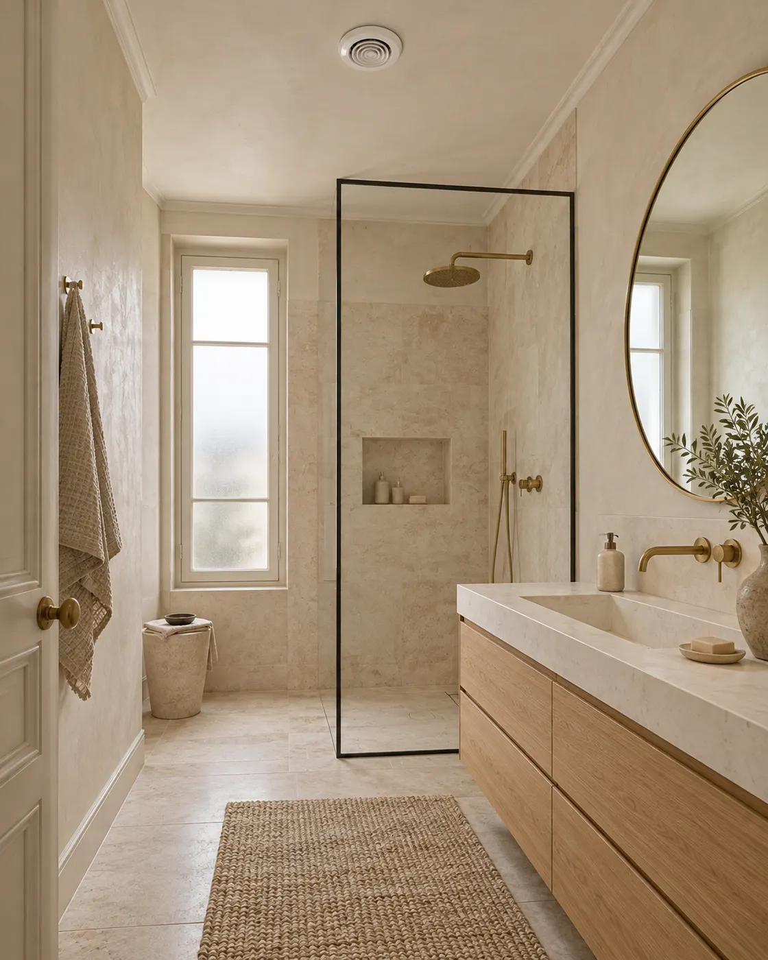 Salle de bain rénovée en pierre claire et chêne, avec une bouche d'extraction au plafond.