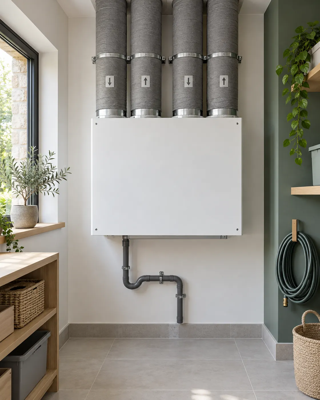 VMC double flux installée dans une buanderie, gaines isolées alignées au-dessus du caisson.